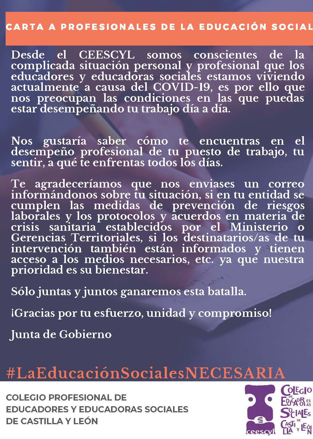 CARTA A PROFESIONALES DE LA EDUCACIÓN SOCIAL PARA CONOCER EL DESEMPEÑO DE SU ACTIVIDAD EN ESTA ETAPA DE EMERGENCIA SANITARIA