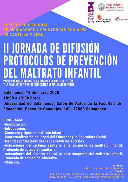 SE SUSPENDE-II JORNADA DE DIFUSIÓN DE LOS PROTOCOLOS DE PREVENCIÓN DEL MALTRATO INFANTIL. SALAMANCA, 18 DE MARZO 2020
