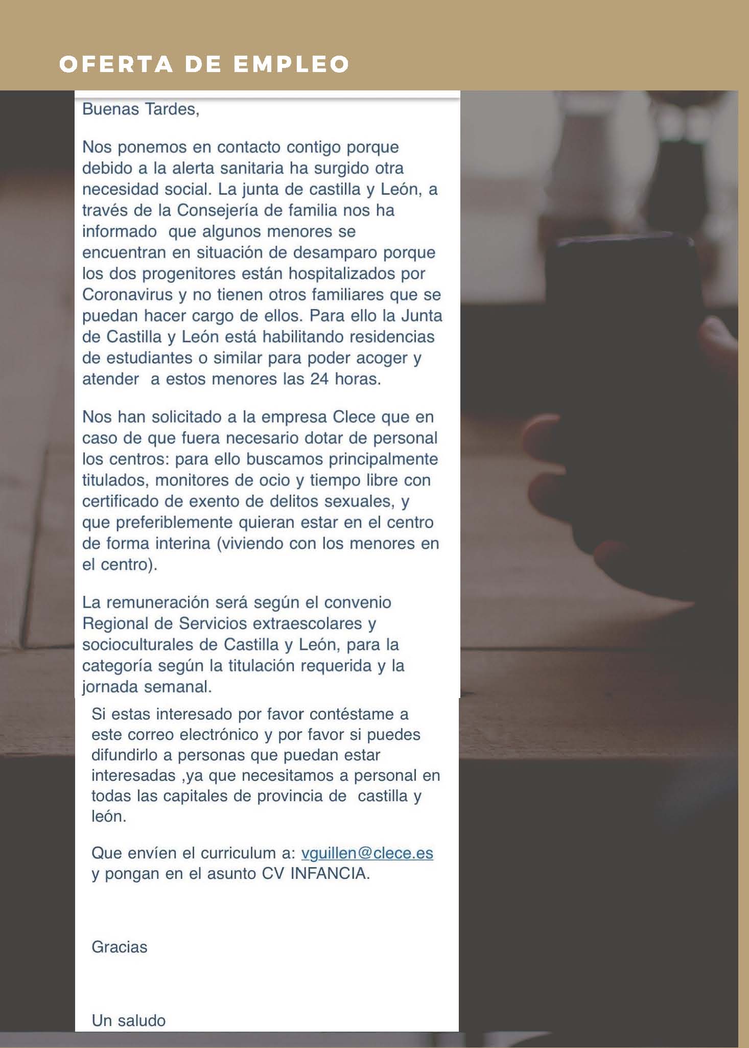 EL CEESCYL ENVÍA CARTAS A LA CONSEJERÍA DE FAMILIA Y A CLECE-RECHAZO Y PROPUESTA  FRENTE A LA CONTRATACIÓN DE MONITORES DE OCIO Y TIEMPO LIBRE  ATENCIÓN DE MENORES EN CENTROS RESIDENCIALES CON PROGENITORES  HOSPITALIZADOS  COVID-19