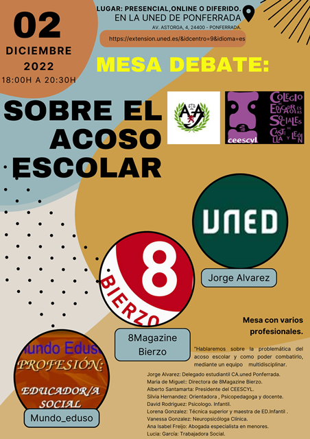 UNED PONFERRADA-MESA DEBATE "SOBRE EL ACOSO ESCOLAR". 2 DICIEMBRE 2022. CON LA PARTICIPACIÓN DEL CEESCYL